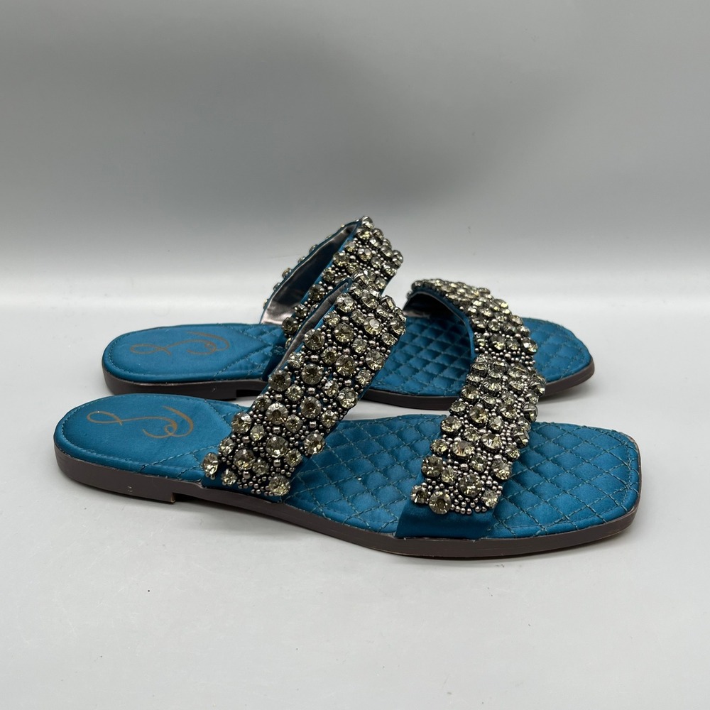Sam Edelman Sandals Womens 7.5 Blue Satin Crystal Embellished Ezel Slide Shoes